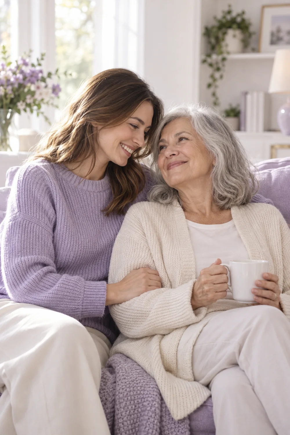 A daughter and her mother sharing a quiet moment together at home